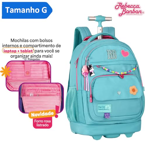Kit Mochila Rodinhas Rebecca Bonbon com Lancheira e Estojo Box (Verde Água)