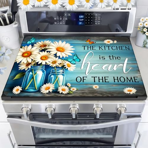 Image of White Daisy Stove Top Cover for Electric Stove, Flower Vase Bottle Stove Top Cover, Blue Butterfly Range Covers, Spring Summer Cooktop Cover Home Decor 28x20 inch, The Kitchen Is the Heart of the Home