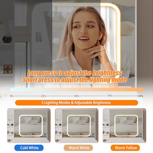 Vanity Desk with Sliding Mirror and Lights, Makeup Vanity Set with 4 Drawers, Stool, Power Outlet, Open Shelves, 3 Color Adjustable Lighting Modes, Makeup Dressing Table for Bedroom, White