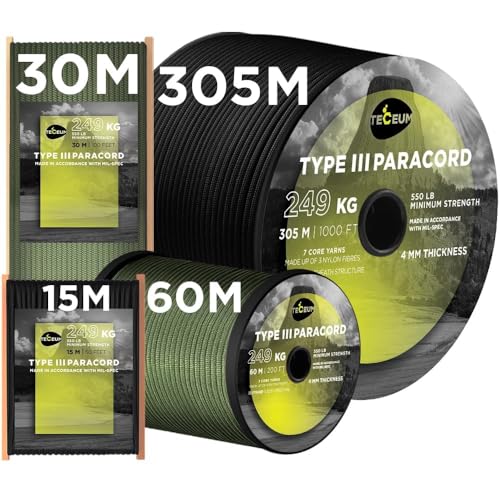 TECEUM Paracord Type III 550 Schwarz (Black) 30 m 4mm Taktisches Seil Outdoor-Paracord Für Camping & Wandern EDC-Fallschirmseil Robustes Überlebensseil (100 ft) 016