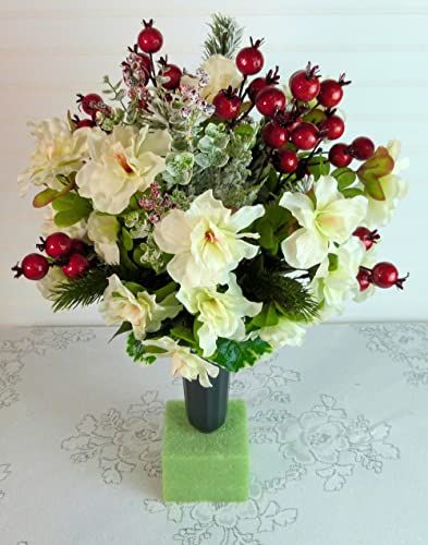 Silk Florals & Frills Winter Grave Arrangement with Azaleas, Winter Cemetery Vase