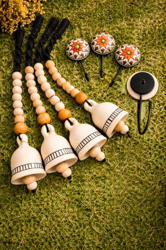 Image of Handmade Ceramic Bell Hanging | Traditional Boho Home & Balcony Decor with Wooden Beads | Set of 4 with Ceramic Hooks