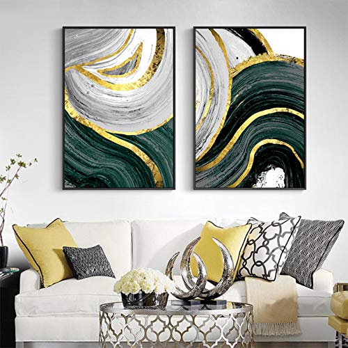 Peinture abstraite géométrique verte et dorée 50x70 cm | Duo de toiles modernes sans cadre