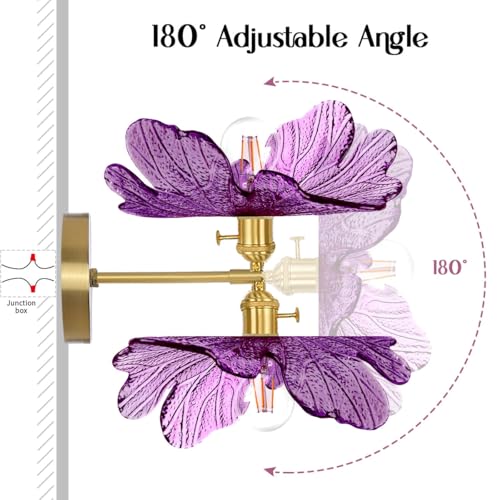 Image of 2-Light Bathroom Vanity Lights Purple Flower Glass Shade, Brushed Gold Brass Wall Sconce Over Mirror Vintage Vanity Wall Light, Mid Century Wall Lighting Farmhouse Bedroom Doorway