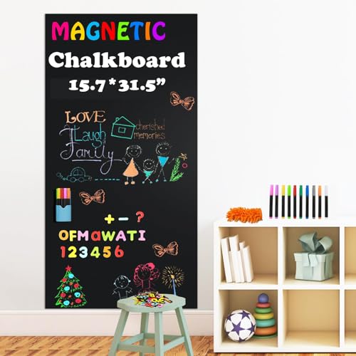 Magnetic Chalkboard Contact Paper for Wall, 31.5" x 15.7" Self-Adhesive Magnet Wall Sheet with 42 Magnete Letters and 10 Colors Liquid Chalk, Magnetic Wallpaper Stickers, Chalk Board