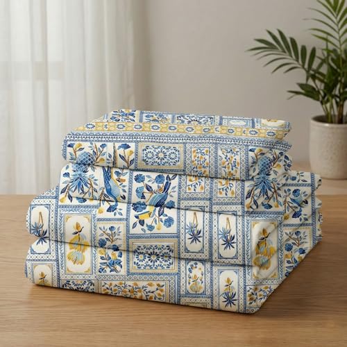 Image of HOMEKART 100% Cotton Feel Double Bed Bedsheet Set | 180tc to 220tc Soft & Breathable with 2 Pillow Covers | Wrinkle Free | for Bedroom & Gifting (Color -Blue & Beige, 90 x 90 Inches)