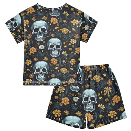 ALAZA Skull Yellow Floral Pajama Set Short Sleeve Sleepwear Soft Lounge Nightwear2