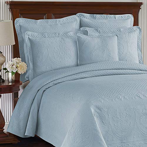 King Charles Modern Farmhouse Floral Matelasse Bedspread, 100% Cotton Breathable Bedding, Full/Queen, Blue