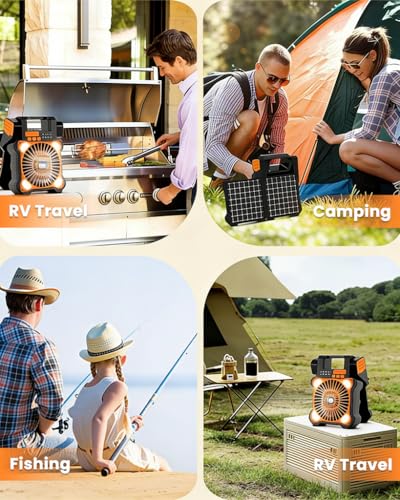 Image of HASTHIP Rechargeable Fan for Home 5200mAh Solar Powered & 90 Foldable LED Camping Fan Battery Fan Rechargeable Big Size with Dual USB Interfaces, 5 Airflow Speeds & Dimmable Light with Handle & Hook