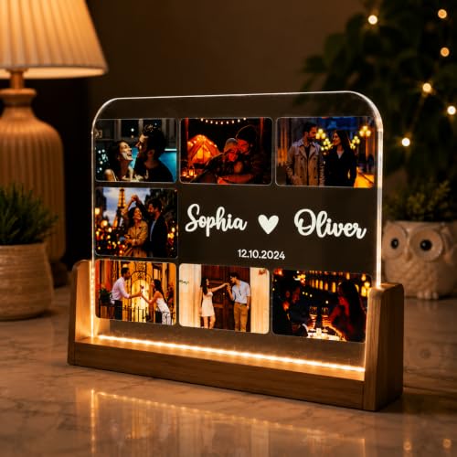 Image of Custom Photo Collage LED Lamp | Personalized Acrylic Night Lamp with Wooden Base | Photo Frame Light with Name | Couple Gift | u Shape (Large(13 * 8.5), u Shape)