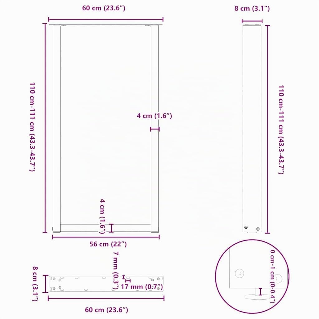 vidaXL Patas para Mesa de Bar en Forma de U (2 Unidades), Color Negro, 60 x 110-111 cm, Acero