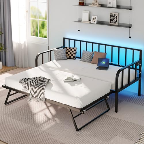 TOLEAD Daybed with Pop Up Trundle, Twin Day Bed with Charging Station and LED Lights, Twin to King Metal Daybed Frame with Steel Slat Support for Living Room, Bedroom and Guest Room, Black