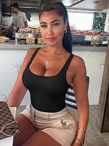 Yfang Women's Sexy Basic Bodysuit Sleeveless Double Lined Slim Fit Tank Tops Black Small #TOP4