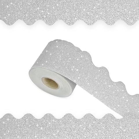 WUYUEJXI 65Feet Bulletin Board Borders, Shine Scalloped Borders Bulletin Board Border Decorative,Trim Poster Borders Classroom Decoration for School, Classroom Decoration Strips (Silver)… Cover