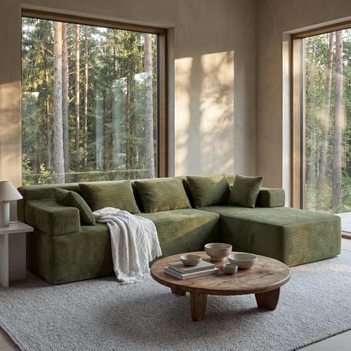 Image of MONVANE 106 inch Cloud Sectional Couch with L-Shaped Chaise, Modular Sectional Sofa with Deep Seat and Removable Armrests, Comfy Corduroy Boneless Couches for Living Room, No Assembly Required, Green