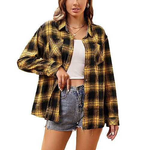 Esabel.C Flannel Shirts for Women Long Sleeve Button Down Plaid Fall Shirt Casual Work Tops Yellow/Black L