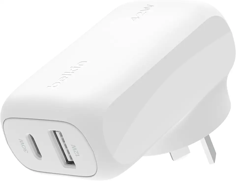 Belkin BoostCharge 42W Dual Port Wall Charger, USB-C, USB-A Charger Fast Charging for iPhone 16/15/14/13 Series, Galaxy S23 Ultra, iPad, AirPods & More - White