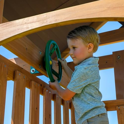 Backyard Discovery Lightning Ridge Cedar Wood Swing Set with Wave Slide, Play Deck, Rock Wall, Sandbox, Belt Swings, Toy Telescope, Steering Wheel, Step Ladder, Outdoor Playset - image 7