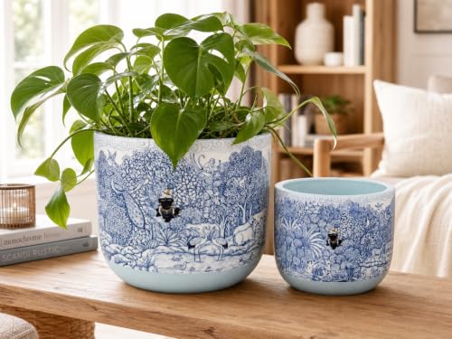 Image of Glass Finish Terracotta Planter Pot for Home Decor | Flower Pot | Blue and White, Vrindavan Forest Krishna and Peacock Theme, 11.4cm x 10cm