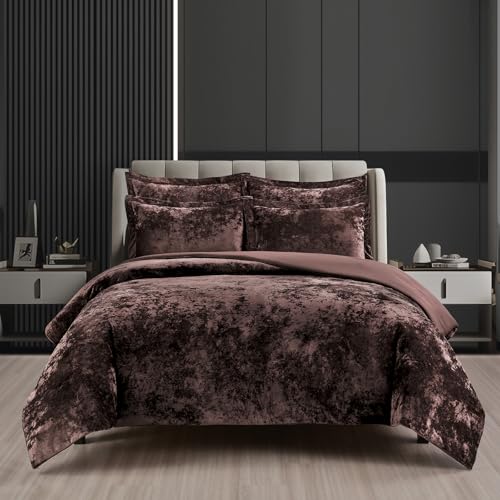 Fredsure Distressed Velvet Comforter Set 5 Pieces Brown Queen Distressed Velvet Face and Brushed Microfiber Reverse