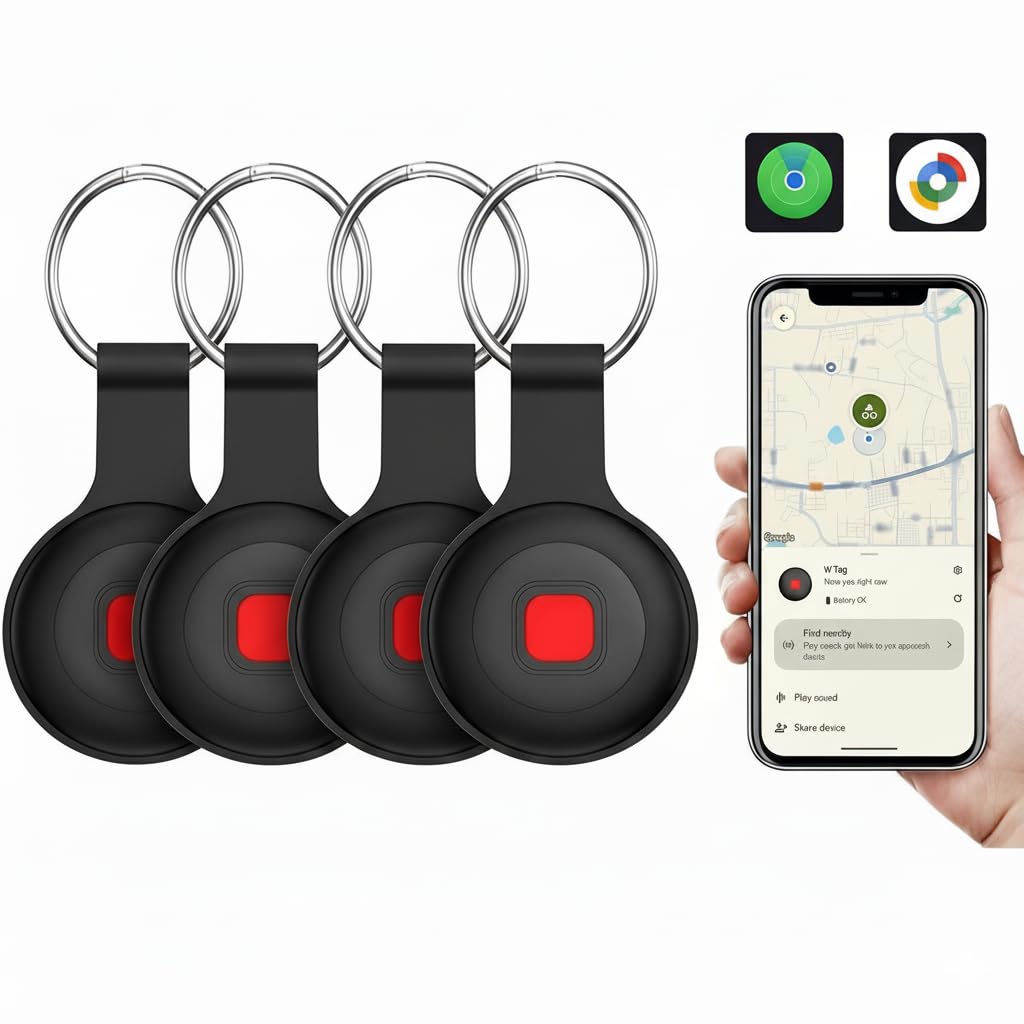 Confezione da 4 etichette smart tracker, cercatore di oggetti e chiavi Bluetooth, funziona con Apple Find My e Android Find Hub, dispositivo anti-smarrimento impermeabile IP67 con custodie