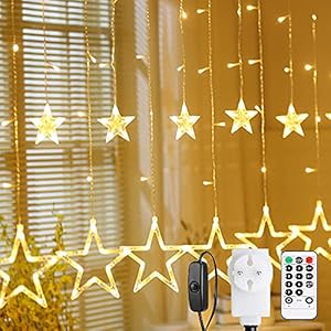 Led-lichtgordijn, 2,5 m, 12 sterren, 138 leds, stergordijn, stroom met geheugenfunctie, timer, afstandsbediening, 8 modi, voor binnen en buiten, Kerstmis, party, tuin, balkon, raam, warm wit