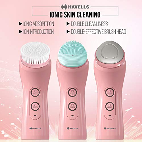 Image of Havells SC5070 Facial Cleansing Brush with 3 Heads for Exfoliation, Cleaning and Brightening Iontophoresis, Smart Alert to Assist Usage, Rechargeable (Pink)