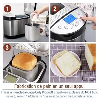 KITCHENARM 29 en 1 Machine à pain intelligente avec une interface utilisateur et une documentation 100% en français - 2 LB Machine à pain en acier inoxydable avec réglages sans gluten et pain complet
