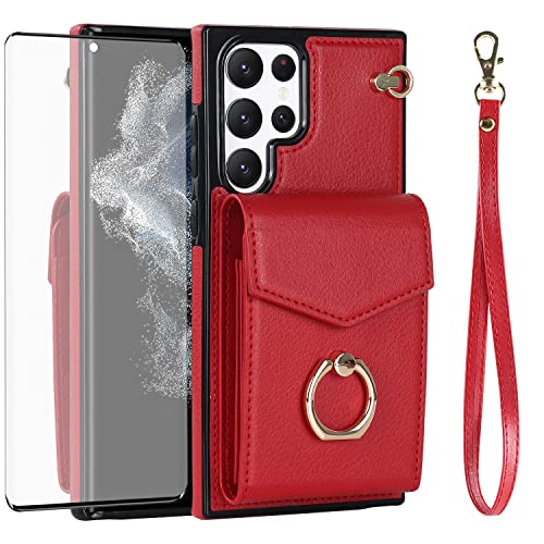 Accessoires Galaxy S22 Ultra : étui portefeuille rouge et verre trempé