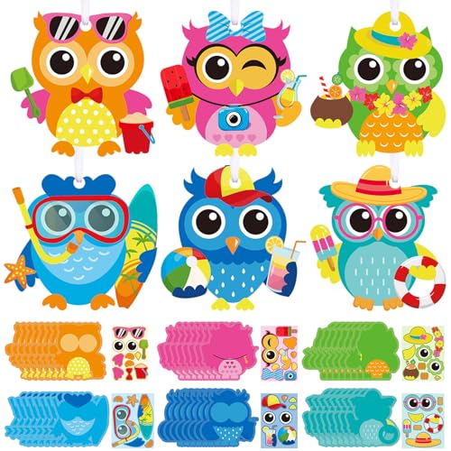 Pasimy 48 Packs Summer Craft Kits for Kids DIY Hawaii Aloha Owl Craft Preschool Arts Set Make Your Own Hawaii Owl Sticker Ornament Kit for Kids Summer Party Classroom Activities
