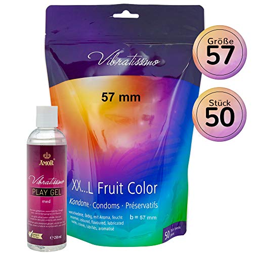 Amor Vibratissimo® "MiTalla FRUIT COLOR 57mm" 50 pack preservativos + 250ml lube, condones para una sensación auténtica