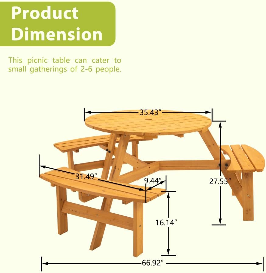 6-Person Circular Outdoor Wooden Picnic Table for Patio, Backyard, Garden, DIY w/ 3 Built-in Benches, 1720lb Capacity - Natural (6-Person Wooden Round Table Natural)