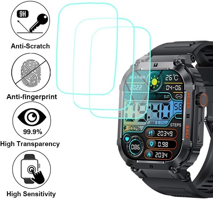 Tempered Glass Screen Protector for K57 K57 PRO, Compatible with KACLUT, GLONHI, EIGIIS, KLOGIPOW, OCTDG, ESFOE, PODOEIL K57 pro 1.96 inches Rugged Smart Watch, 3pcs, 9H