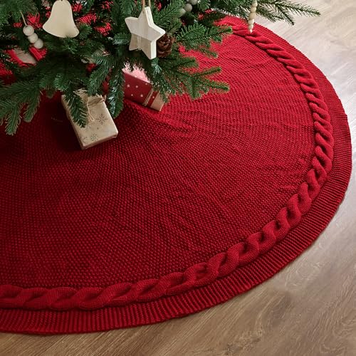 60 inch Christmas Tree Skirt: Large Tree Skirt for 9ft Tree, Cable Knit Wine Red Tree Skirt, Vintage Tree Skirts, Rustic Farmhouse Christmas Decorations