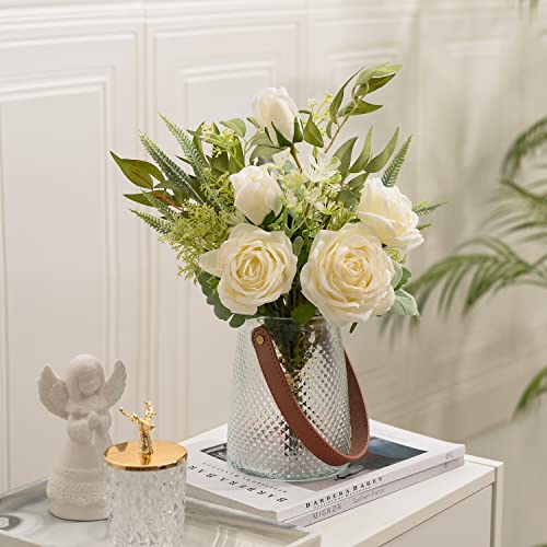 Meglorya Artificial Flowers With Vase, Fake Flowers White Silk Roses In Vase, Faux Flower Arrangements For Farmhouse Table Centerpieces, Living Room Flower Plant Decor, Rustic Home Office Decor #TOP2