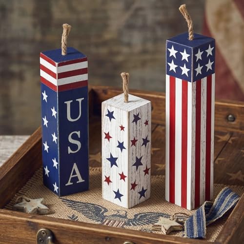 Treory 4th of July Decorations, 3pcs Farmhouse Patriotic Wooden Firework Sign, Rustic Firecracker Wood Blocks, American Memorial Flag Day Table Decor Tiered Tray Decor for 250th Anniversary Independence Day Home Décor