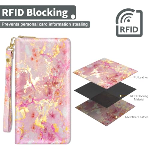 Image of Nipichsha Womens Wallet, RFID Wristlet Wallet for Women, Cute Ladies Purse, Large Card Clutch Purse with Phone Holder, Gold Pink Marble, 7.68 x 4.13 x 0.98 inch