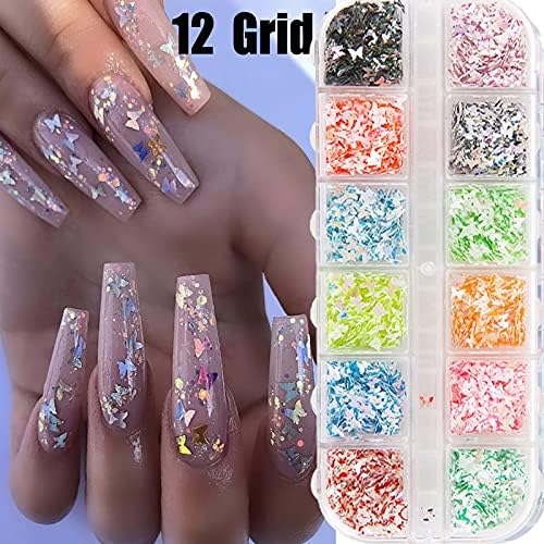 3D Nail Art Butterfly Love Nail Sequins Glitter Powder Holographic Nails Powder Mirror DIY Nail Art Decorations 12 Grids/Box - (Color: Blue)