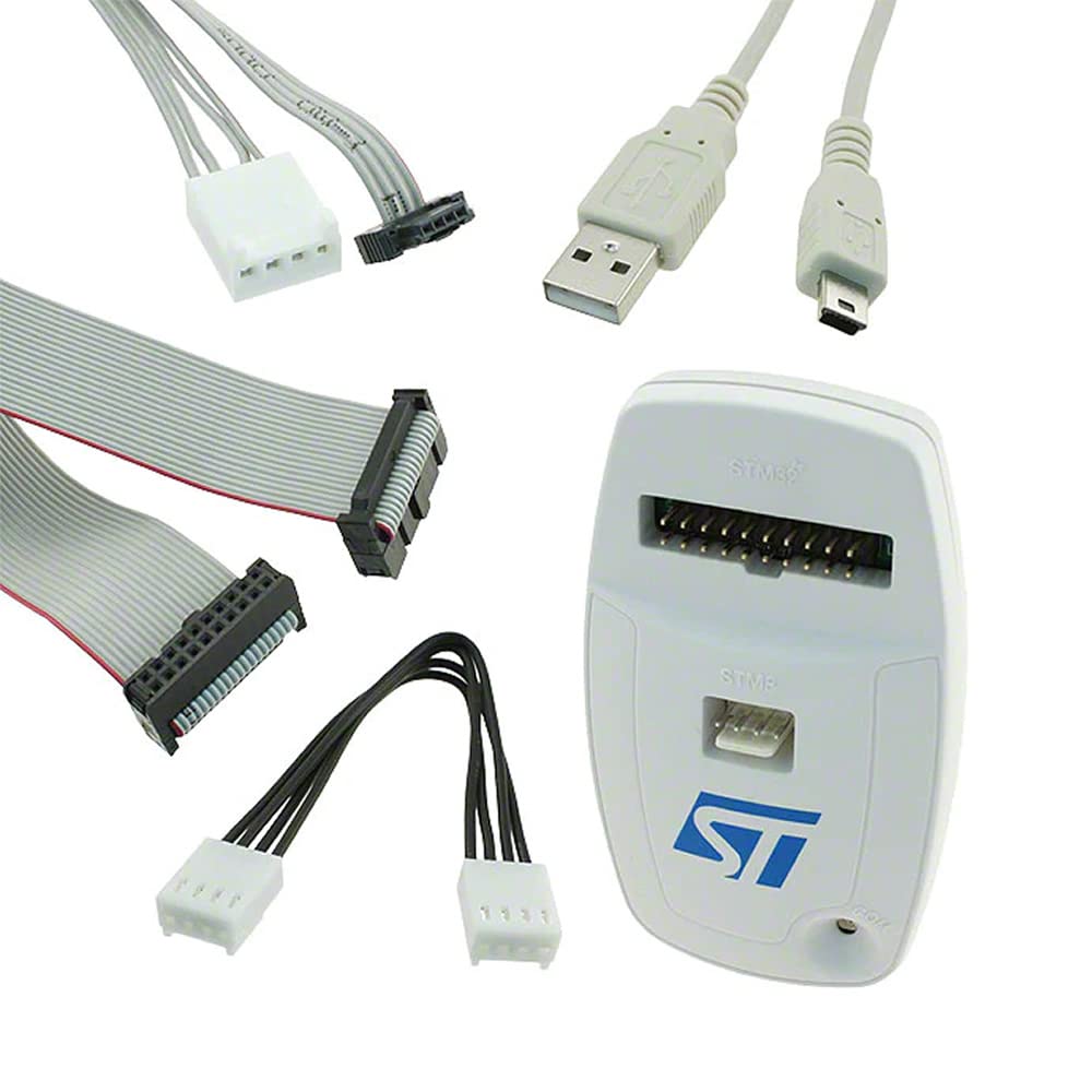 ST-Link/V2 device with various connection cables including USB, SWIM, and JTAG