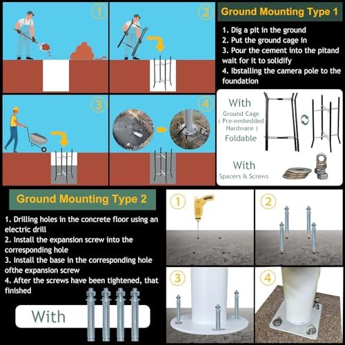 Universal Dome Camera Mount Post - 350cm Outdoor Security Pole with Junction Box & Wire Hole for Solar Lights - 2 Sections for Enhanced Stability & Versatile Surveillance Solutions
