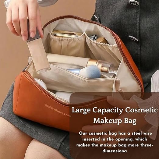 BLUE CRANE Women’s Large Capacity Cosmetic Travel Bag - Waterproof Leather Makeup Organizer with Wide Opening, Dividers with Handle (Cross Open, Brown)