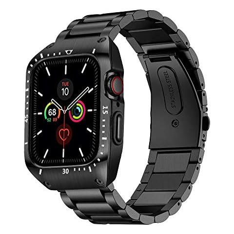 HATALKIN Compatible with Apple Watch Series 8 7 6 5 4 44mm Band with Metal Bumper Case,Rugged Men Bands for Apple Watch SE / iWatch 8 7 6 5 4 44mm Stainless Steel Cases Protector Drop-Proof Shockproof Cover