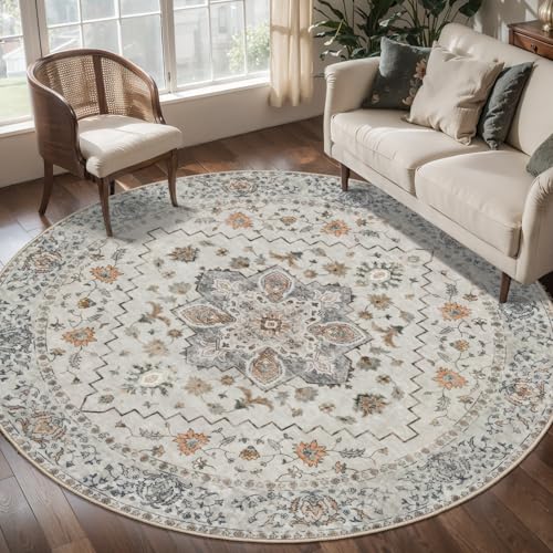 Image of Tangsoo Washable Round Area Rugs 5ft, Vintage Non Slip Circle Rug Low Pile