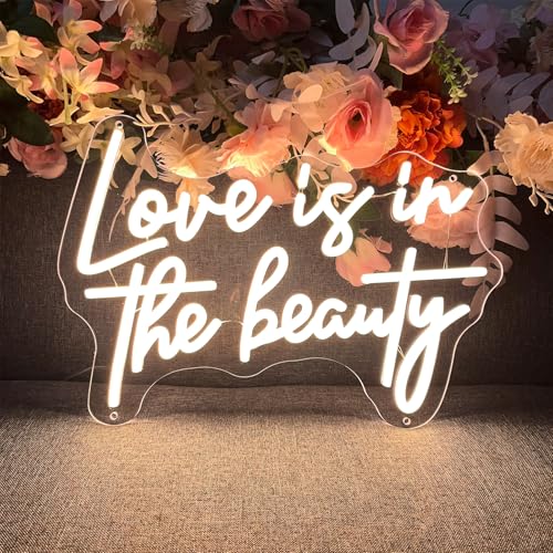 Image of Love is in The Beauty Neon Sign Spa Beauty Room Brows Lashed Salon Studio LED Wall Art Decor For Business Stores Logo Barber Shops Led Indoor Custom Neon Lights 5V USB Powered Warm White 40x29.7 CM