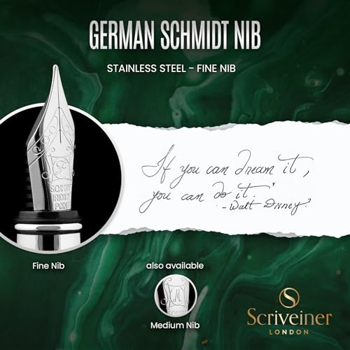 Image of Scriveiner British Racing Green Fountain Pen - Stunning Luxury Pen with Chrome Finish, Schmidt Nib (Fine), Best Pen Gift Set for Men & Women, Professional, Executive, Office, Nice Pens