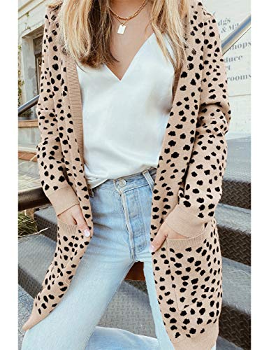 MEROKEETY Women's Open Front Knit Cardigan Winter Fall Sweater Dots Long Sleeve Pockets Coat Outwear, Khaki, S