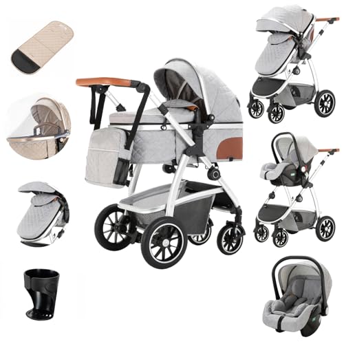 Zkiprm Cochecito 3 en 1 con asiento de coche para cochecitos y cochecitos, cochecito compacto, portátil, reposabrazos ajustables, protección contra golpes, marco de aluminio, color gris claro