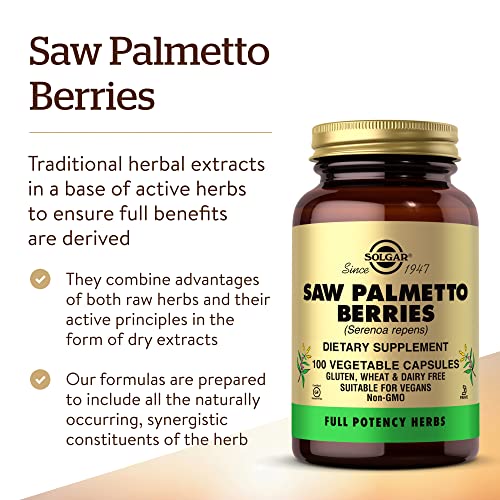 Solgar Saw Palmetto Berries, 100 Vegetable Capsules - Men’s Health - Full Potency - Non-Gmo, Vegan, Gluten Free, Dairy Free, Kosher - 100 Servings #TOP1