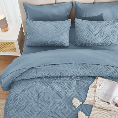 Image of Andency Oversized Queen Size Comforter Set with Sheets Grayish Blue - 7 Pieces Bed in a Bag Oversized Queen Boho Tufted Lightweight Bedding Sets with Comforter, Sheets, Pillowcases & Shams