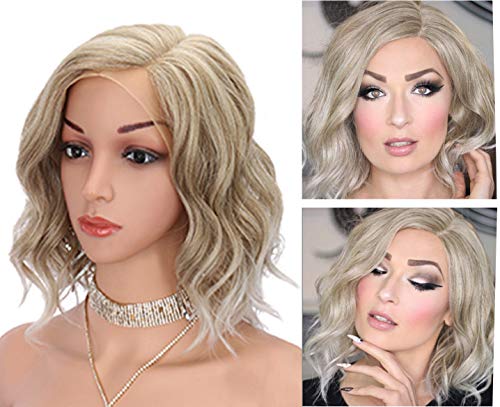 Kalyss Short Curly Wavy Blonde Lace Front Wigs for Women Side Parted Natural Looking Heat Resistant Synthetic Lace Frontal Wigs